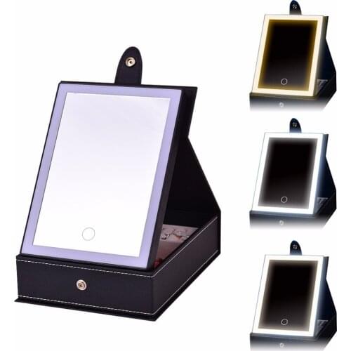 USB Lighted Makeup Mirror with Jewelry Box Organizer Tray Display Storage Case LED Light for Travel Cosmetics Earrings Necklaces