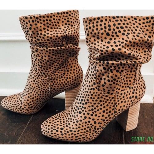 Women Pleated Mid Calf Boots Square High Heel Woman Leapard Suede Female Shoe 2020 Autumn Winter White Black Brown Color