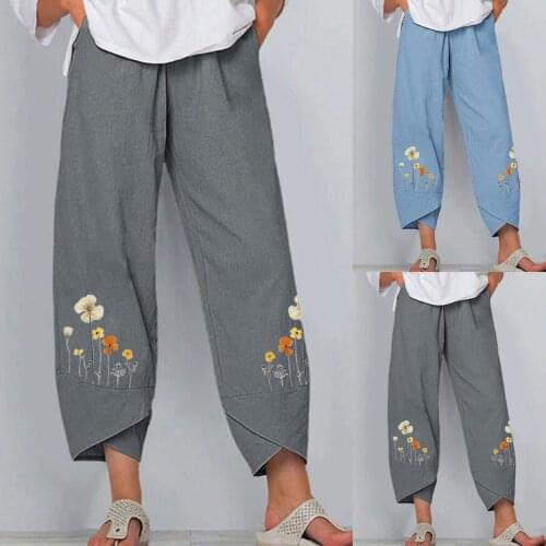 2021 Gray European Casual Loose Cotton Linen Printed Wide-leg Pants Women Vertical Flower Pants Vintage Linen Pants Pantalon