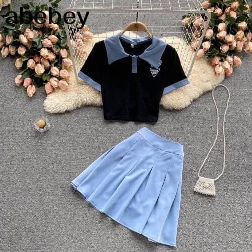 Women Summer Korean Fashion Suits Short Tops+High Waist Pleated Mini Skirts Two Piece Set 2021