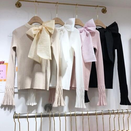 Lady Big Bow Round Neck Sweater Women Horn Sleeve Knitted Sweater High Elastic Sweaters Jumper Femme