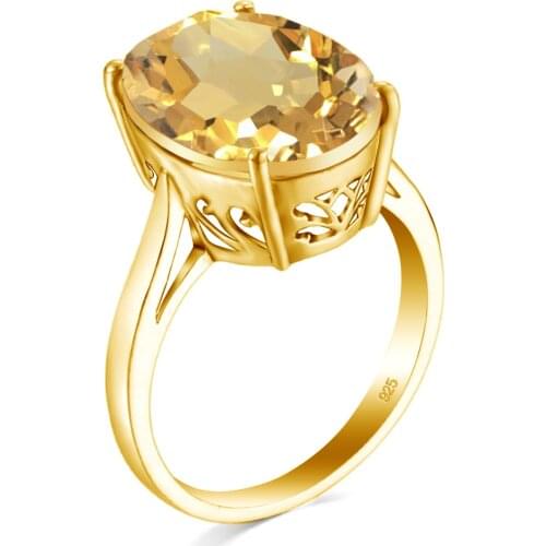 14K Gold Plated 925 Sterling Silver Ring Women Gemstones Rings With Citrine Egg Shape 12*16mm Big Gem 4 Prong Setting Jewelry