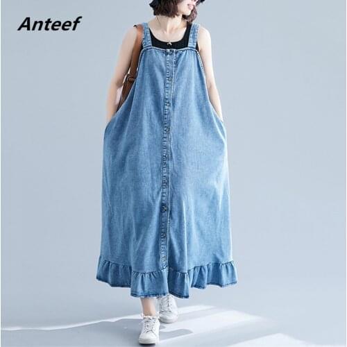 Strap cotton vintage ruffle women casual long summer spring autumn denim dress elegant clothes 2021 ladies dresses