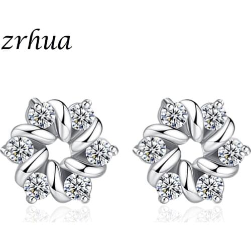 ZRHUA Newest Silver Color Women Gilrs Jewelry Fashion Flower Stud Earrings Gift For Girls Kid Lady Christmas Gifts