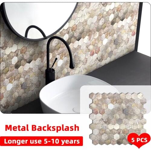 5PCS Mosaic Self Adhesive Tiles Metal PVC Wall Stickers Waterproof Peel and Stick Backsplash DIY Kitchen Bedroom TV Background