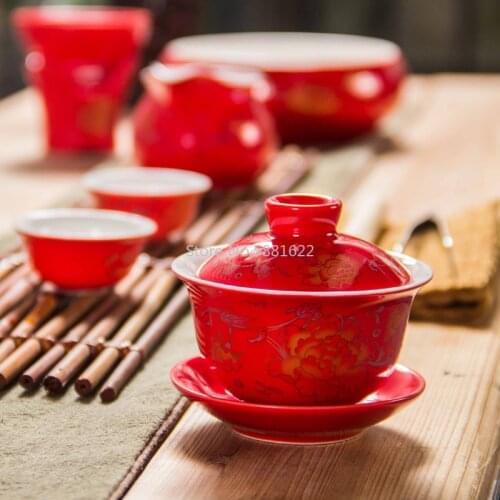 80ML Red Teapot Ceramics Gai Wan Tea China Kungfu Tea Sets Tea Cups Pot Porcelain Wedding banquet Beautiful Kettle Gifts D007