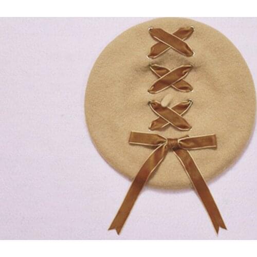 Berets for women Harajuku Hat Sweet Cute Ribbon Lolita Soft Straps Cross Bow Girls Berets Woolen Painter Winte Beret Female Cap