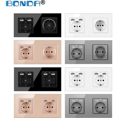 BONDA Power Socket Wall USB Power Outlet Charging Interface Crystal Glass 172mm * 86mm 16A Double Frame Kids Safety Protection