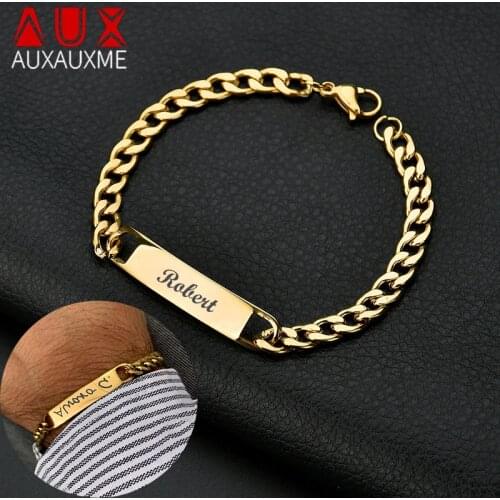 Auxauxme Engrave Name Date DIY Bracelet For Adults Childs Stainless Steel Cuban Chain Custom Nameplate Bracelets Birthday Gifts