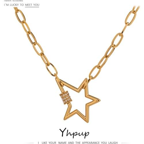 Yhpup Exquisite Stainless Steel Star Pendant Necklace Jewelry High Quality Cubic Zirconia 18 K Chain Collar Necklace for Women