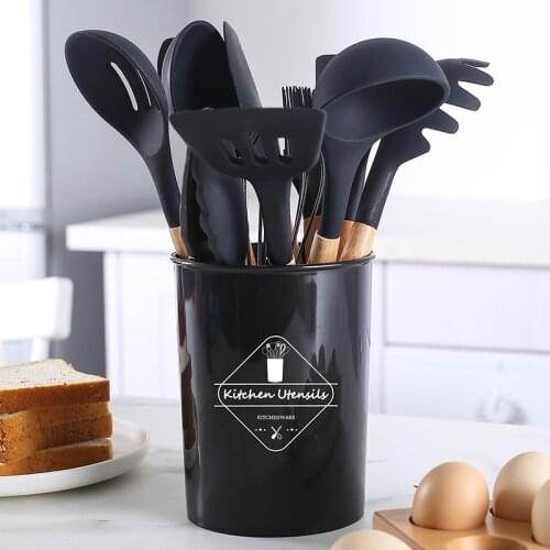 Black Food Grade Silicone Utensil with beech wood handle kitchen tools accessories cookware sets Baking kitchen utensils