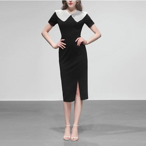 Black Slim Long Skirt Temperament Hips Short Sleeves Thin Mid-length Dress White Chiffon Ruffled Round Neck Midi Split Dress