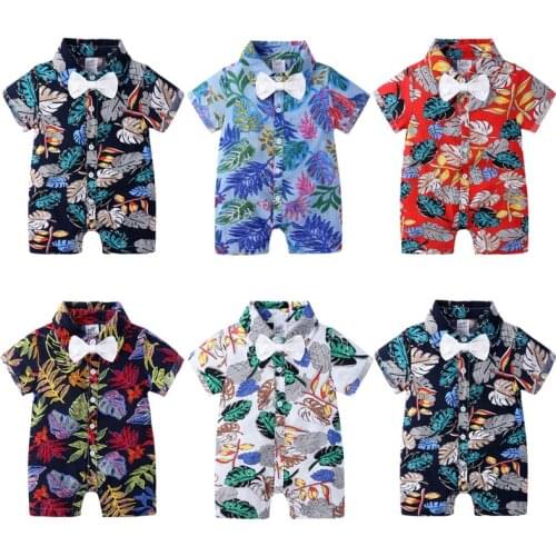 0-24M Newborn Kid Baby Boys Clothes Flower Print Romper Summer Short Sleeve Floral Jumpsuit Fashion Party Gentleman Outfit