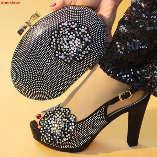 Doershow New Arrival African Wedding Shoes and Bag Set black Color Italian Shoes with Matching Bags Nigerian Women party!HXX1-11