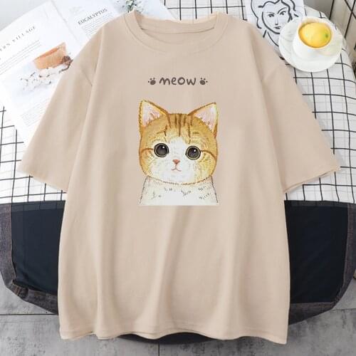 Cute Big Face Cat Printing Women Tshirts Crewneck Casual T-shirt Oversize Breathable Clothing Round Neck Female Tees Shirts