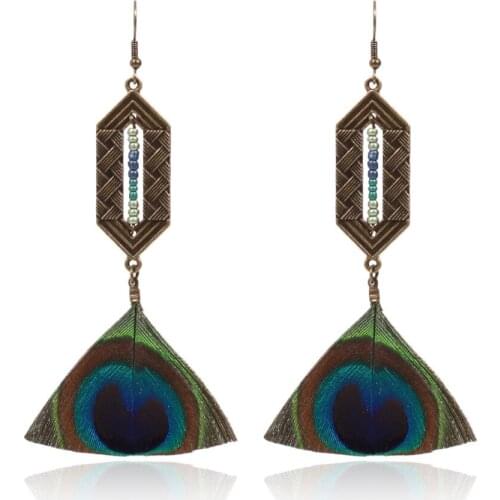 HC Fashion National Style Geometric Earrings Long Vintage Colorful Beads Drop Earrings Bohemian Peacock Feather Dangle Earring F