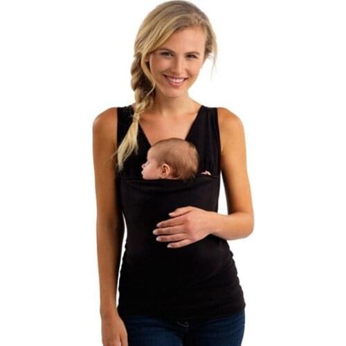 2021 Summer Kangaroo Baby Carrier Clothes for Mother Sleeveless Big Pockets Top Femme Multi-function Tops Plus Size S-2XL