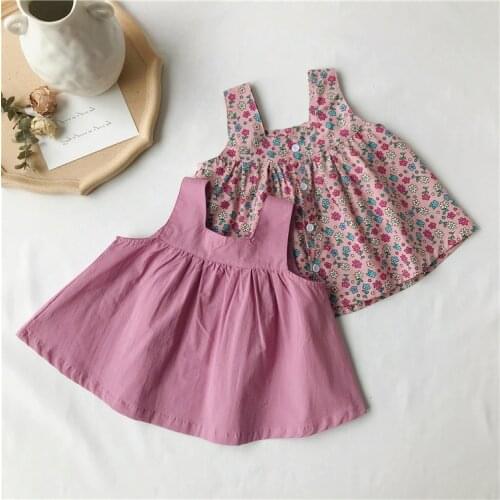 Summer Vest for Girls Kids Tank Top Floral Cotton Baby Blouse Sleeveless Children Clothes Square Collar Long Shirt Solid Color