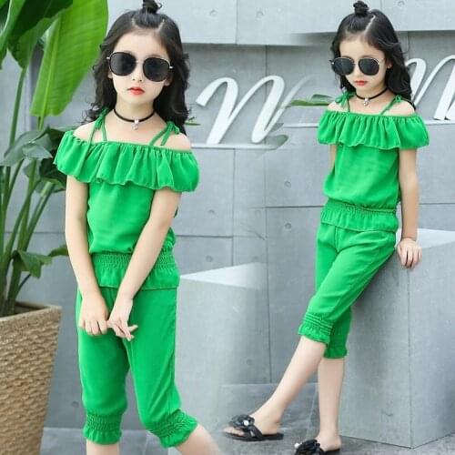 Fashion New Children Girls Summer Chiffon Clothing Set, Kids Girls Strap Shirts+ Shorts Pants,2pcs Elegant Suits Outfits