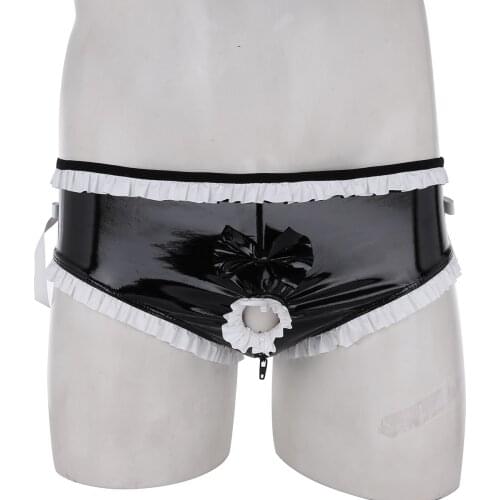 MSemis Mens Sissy Lingerie Bikini Briefs Underwear Shiny Faux Leather Open Front Penis Hole Zipper Crotch Ruffled Trim Bowknot