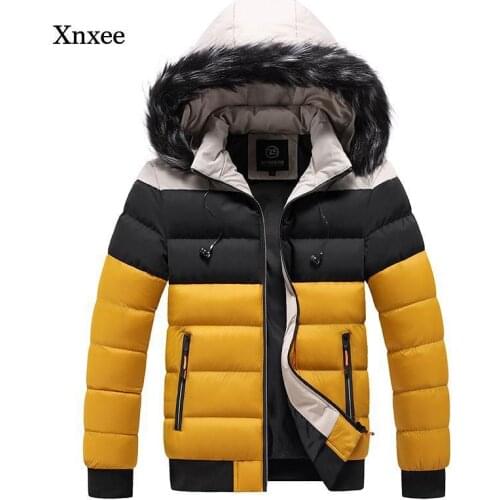 Mens New Autumn and Winter Parker Jacket Fur Collar Warm Thick Coat Solid Color Stitching Casual Hooded Windproof Jacket