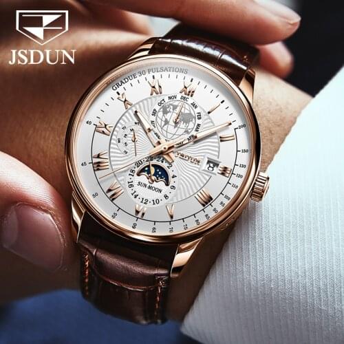 JSDUN Mens Multifunction Mechanical Watches Top Brand Luxury Leather Moon Phase Automatic Watch Men Fashion Sport Waterproof