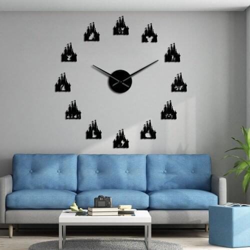 Cartoon Style Princess Castle DIY Wall Clock Girl Room Silent Frameless Wall Watch Acrylic Mirror Effect Wall Art Stickers