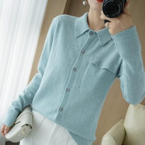 New cashmere shirt women loose knit cardigan pure color lapel bottoming cardigan women 100 %pure wool shirt Autumn and winter