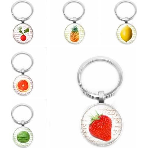 2019 New Hot Fashion Personality Fruit Series Strawberry Apple Time Glass Cabochon Keychain Jewelry Pendant Small Gift