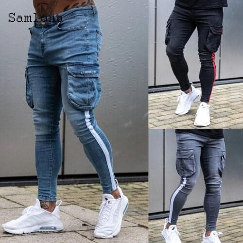 Samlona 2021 New Patchwork Jeans Stripe Mens Fashion Motcycle Demin Pant Multi-pocket Pants Slim Bottom Plus Size Men Trouser