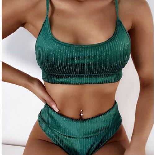 New Sexy Ribbed Mid Waist Bikini Women Swimwear Two-pieces Bikini Padded Suit Swim Lady 2021 New Style