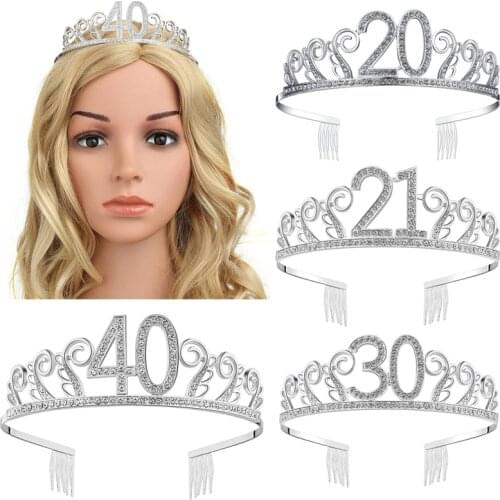 Birthday Princess Crown Headband Crystal Tiara Wedding Hairband Women Headwear Rhinestone Hair Accessories Number 18/20/30/40