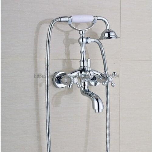 Polished Chrome Wall Mounted Telephone Euro Bath Tub Faucet Mixer Tap w/ Handheld Spray Shower Ntf931