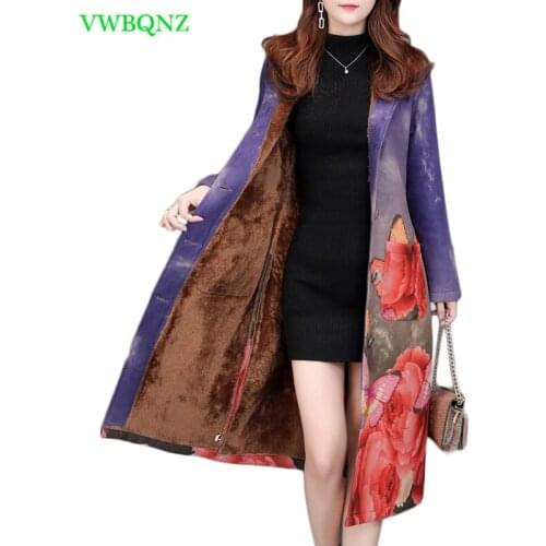 Autumn winter Floral Print Windbreaker Coat Plus size Women Long Trench Coat Female printing Outwear trench coat 5XL A971