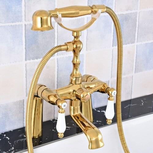 Modern Luxury Golden Brass Deck Mounted Bathroom Tub Faucet Set with 1500MM Handheld Shower Spray Head Bath Mixer Tap 2tf781