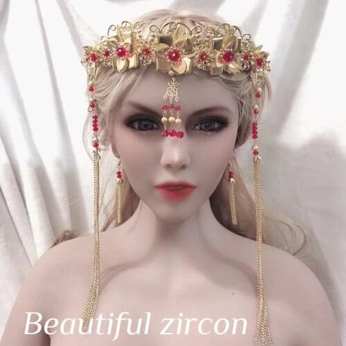 Chinese style retro Golden Red Crystal Bridal Jewelry Set Wedding crown headdress hairpin Earring Set womens wedding accessorie
