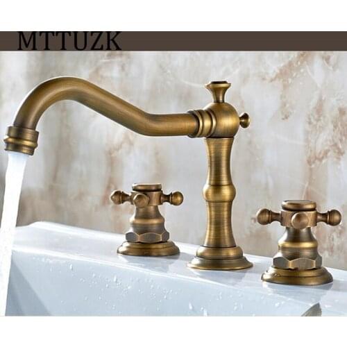 Vidric Antique Copper bathroom faucet for hot and cold Mixer tap Sink faucet Double handle 3 hole bathroom basin faucet