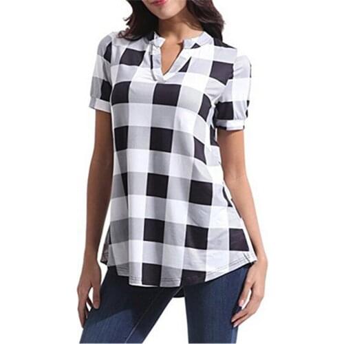 Women Shirts Plaid Printed V-neck Short Sleeve Loose Large Size Trend Elegant Noble Vogue Summer Blouse