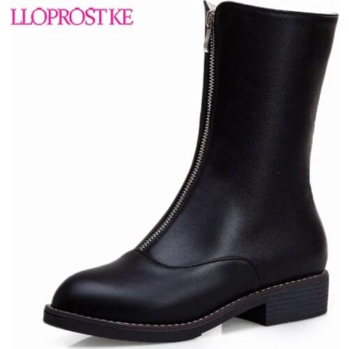 Lloprost ke Autumn Winter Boots Women 2019 Front Zip Sewing Chunky Low Heels Booties Mid Calf Yellow Black White Womens Shoes