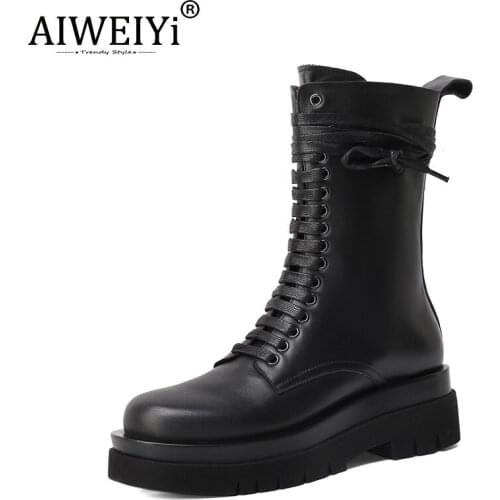AIWEIYi Women Martin Boots Female Genuine Leather Ankle Boots Punk Shoes Flat Heel Women Boots Winter Shoes