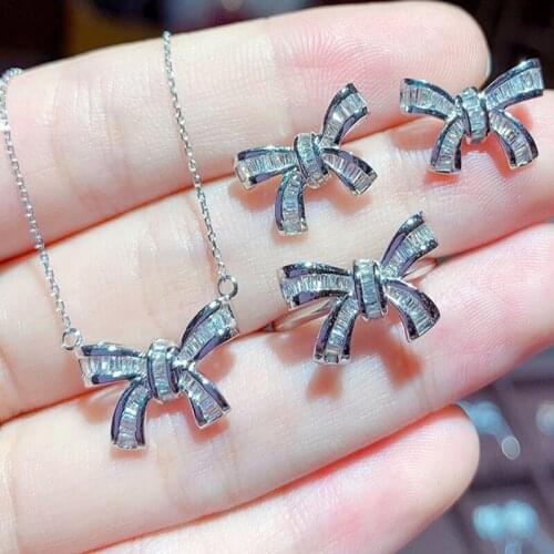 925 Sterling Silver Bowknot Women Necklace/Earrings/ring Sets silver 925 Charm Wholesale Bridal Jewelry Sets for Women Wedding