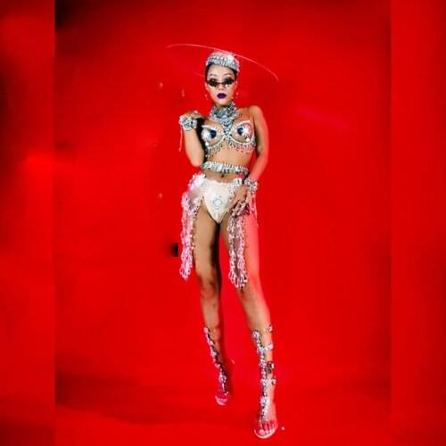 Sexy Nightclub GOGO Womens Crystal Pendant Transparent Girls Costume Dance Team Womens Costumes