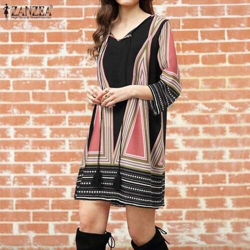 ZANZEA Women V Neck Sundress Casual Bohemian Printed Mini Dress Vintage Loose 3/4 Sleeve Kaftan Floral Tassel Holiday Vestidos