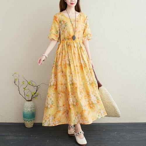 2021 New Arrival Fashion Women Dress Soft Cotton Linen Print Floral Short Sleeve Loose Summer Dress Office Lady OL Work Dress