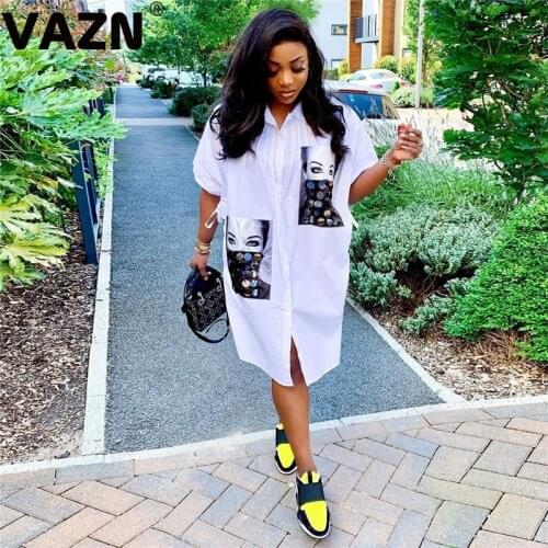 VAZN 2020 Hot Sales Lazy Daily Young Energy Casual Preppy Chiffon Shirt Dress Patchwork Short Sleeve Women Straight Midi Dress