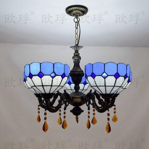 5 heads Living room dining room bedroom Crystal lamps Tiffany Stained glass Restaurant blue decorate Pendant Lights E27
