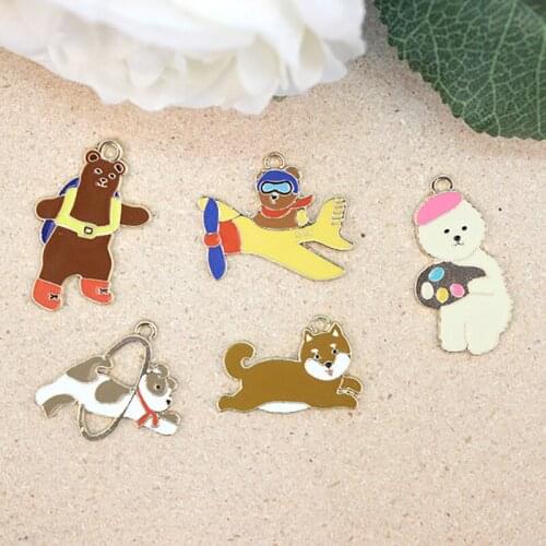 6pcs/lot New Painter bear Acrobatic dog Airplane bear Animal Enamel Charms for DIY Earring Jewelry Handmade Finding XL725