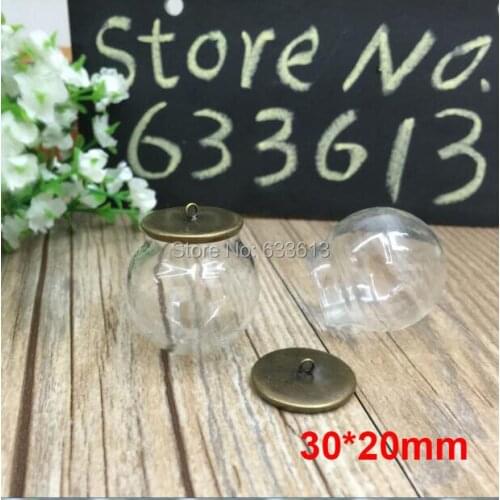 Free ship 50sets/lot 30mm(20mm opening) glass bubble & 20mm bronze color base with ring set DIY Glass bottle globe vial pendant