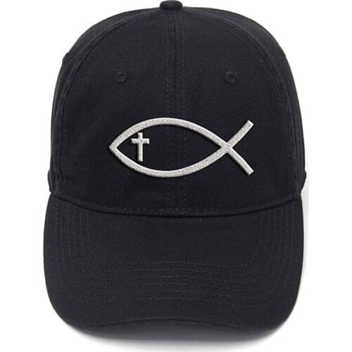 Lyprerazy Christian Fish with Cross Washed Cotton Adjustable Men Women Unisex Hip Hop Cool Flock Printing Baseball Cap