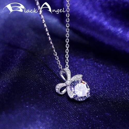 BLACK ANGEL 925 Sterling Silver Luxury Amethyst Gemstone Zircon Cute Bowknot Pendant Necklace For Women Jewelry Wedding Gift